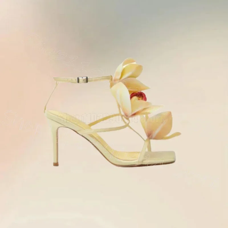 

Yellow Appliques Design Open Toe Sandals Buckle Strap Women Shoes Thin High Heels Party Banquet Dating 2025 Zapatos Para Mujere