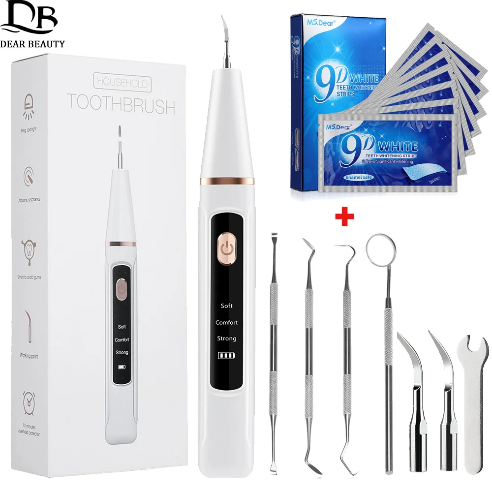 Ultrasonic Dental Scaler + 5D Teeth Whitening Strip Tooth Cleaner Set Calculus Plaque Scaler Tartar Stains Dental Stone Remover