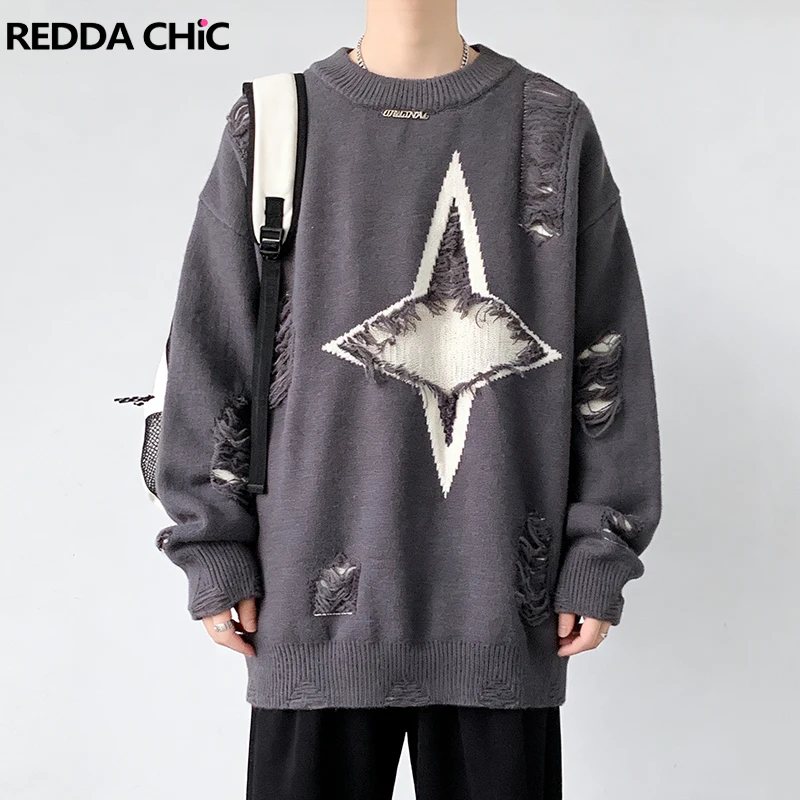 

REDDACHIC Men's Graphic Jumper Top Gray Vintage Destroyed Raw Edge O-neck Long Sleeve Pullover Sweater Hip Hop Street Knitwear