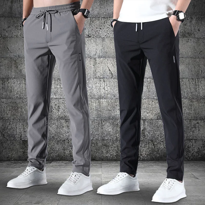 Summer Thin Ice Silk Slim Fit Pants For Men'S Elastic Straight Leg Jogging Breathable Sports Pants, Business Casual Pants