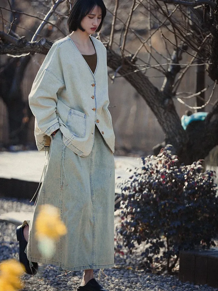 

Винтажная джинсовая юбка с эффектом потертости, со шнурком на талии, 100% хлопок, художественный дизайн, для повседневной носки, свободный крой, тонкая, стандартная толщина