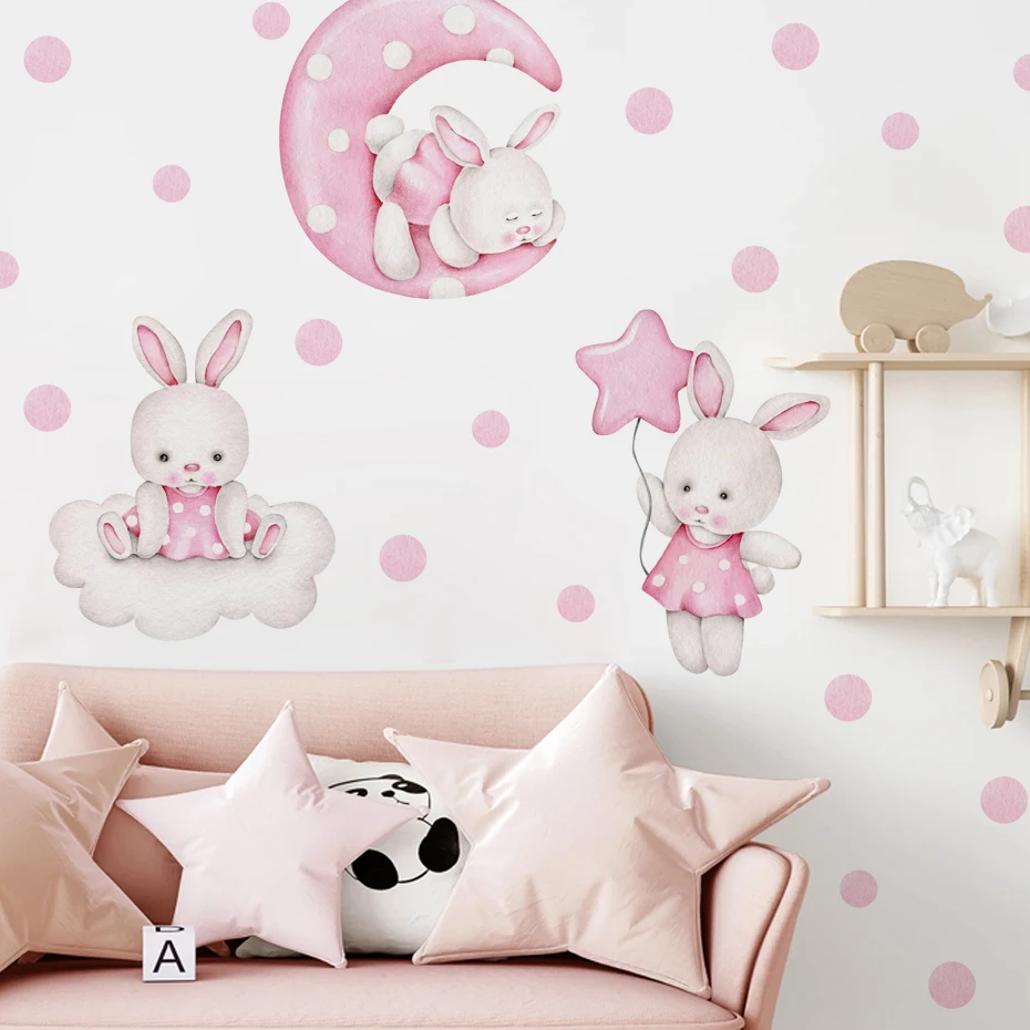 

Pink Watercolor Soft 3 Rabbit Moon Clouds Stars Wall Stickers for Nursery Kids Room Baby Room Wall Decals Home Decor Murals