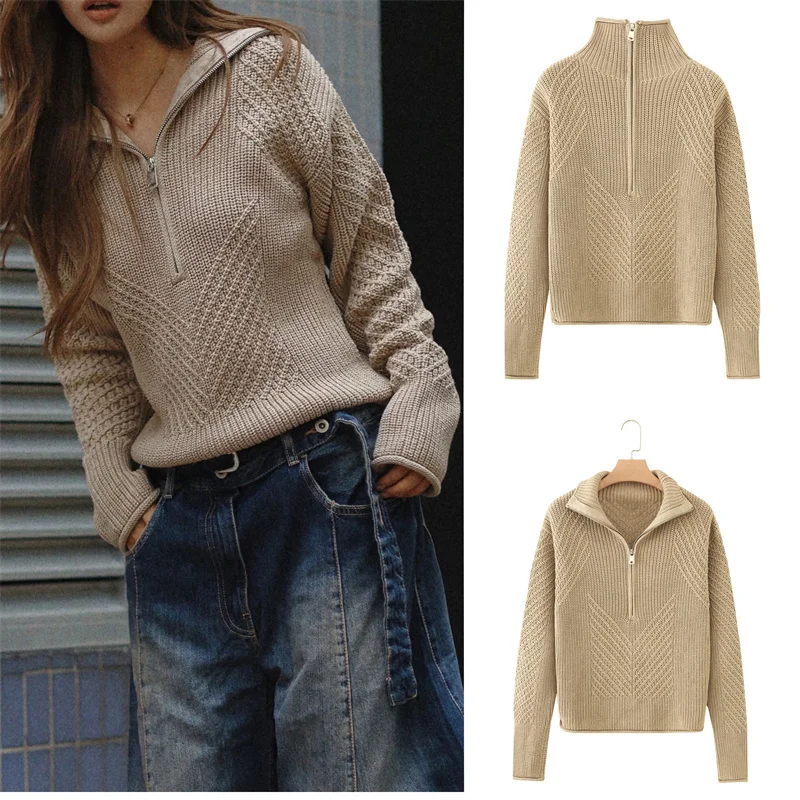 Guobioziy Women's Knit Sweater 2026 Early Fall New Arrival Casual Fashion Long-Sleeve Stand Collar Solid Textured Knit Sweater