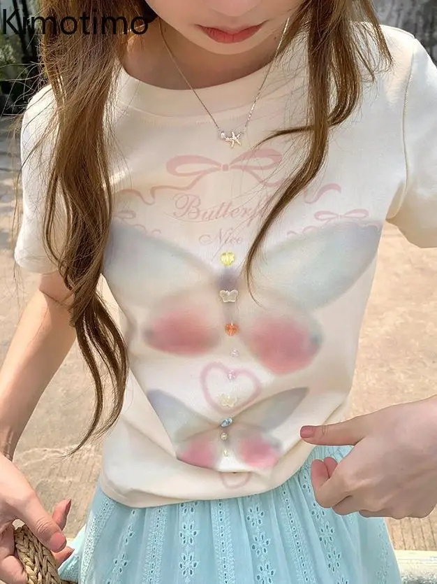 

Kimotimo Футболка с коротким рукавом и принтом бабочки Женская корейская шикарная футболка с круглым вырезом Slim Fit Crop Top Sweet Spicy Girl Y2k Эстетические футболки