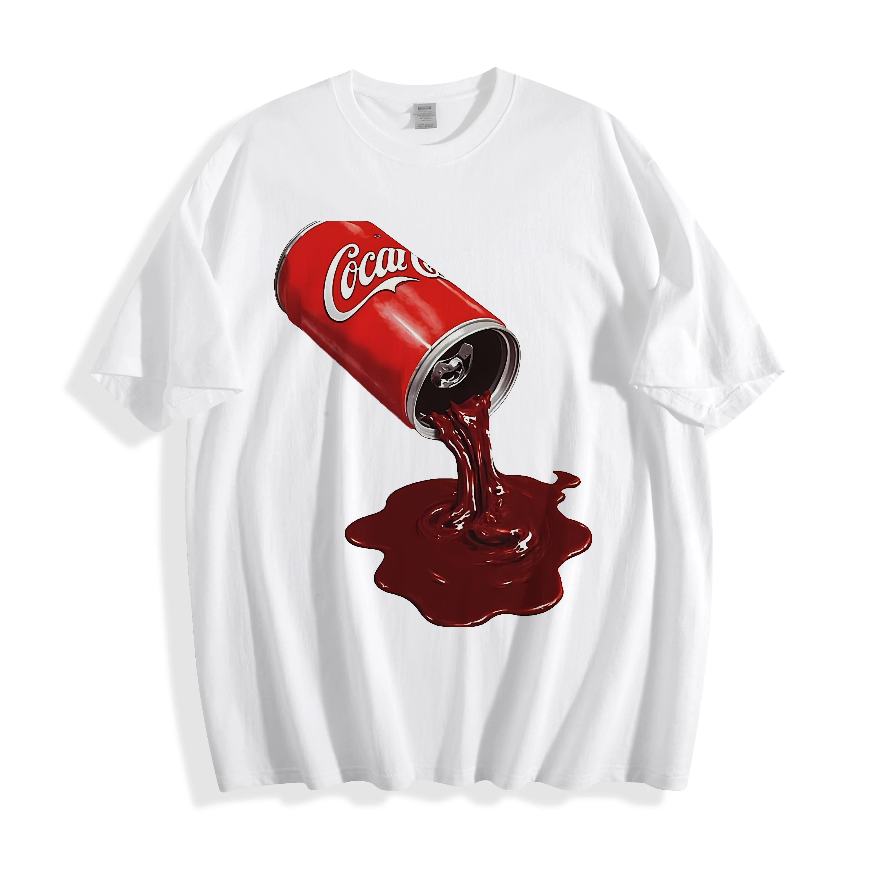 

Teevo Summer T-Shirts 2025 Casual Short Sleeve Round Neck Red Cylindrical Can Coca-Cola Print Daily Loose T-Shirts For Men