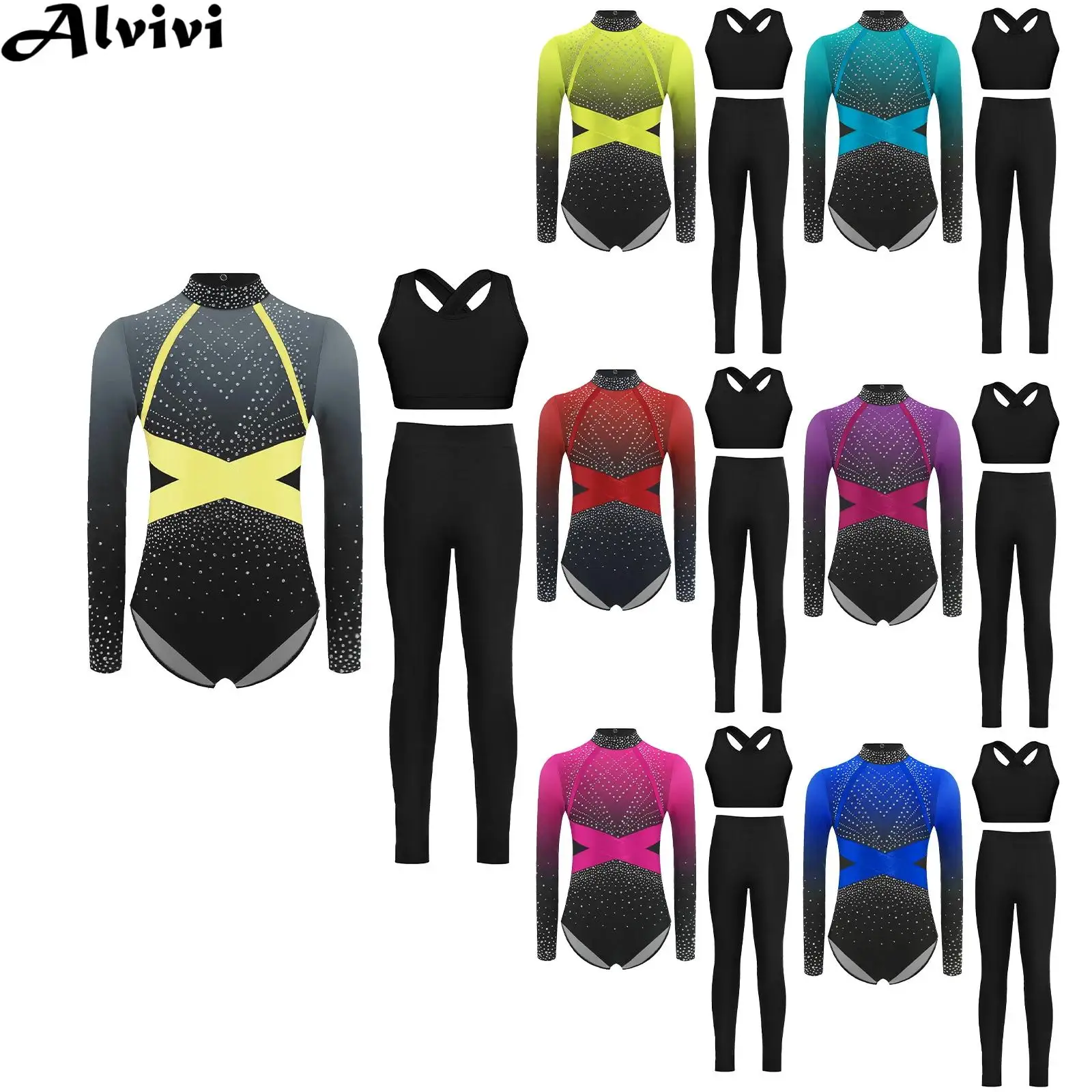 

Children Girls Long Sleeve Rhinestone Gymnastics Leotard with Vest Leggings Figure Skating Ballet Dance Acrobatics Yoga Costume