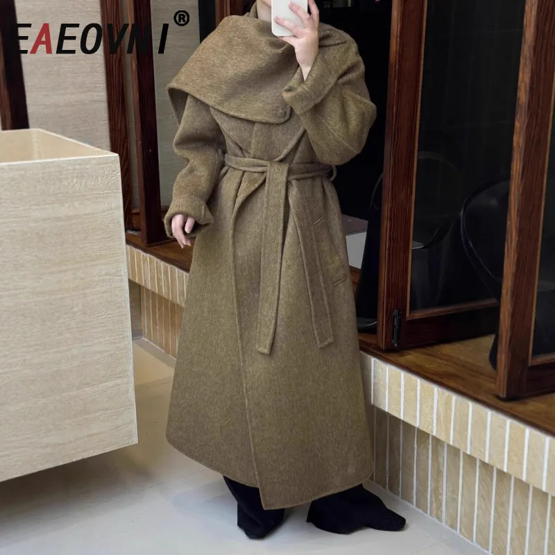 

EAEOVNI зимнее шерстяное длинное пальто высокого класса, женское пальто с шарфом и воротником, теплый пояс, однотонная шерстяная куртка, мода 2025, новая одежда