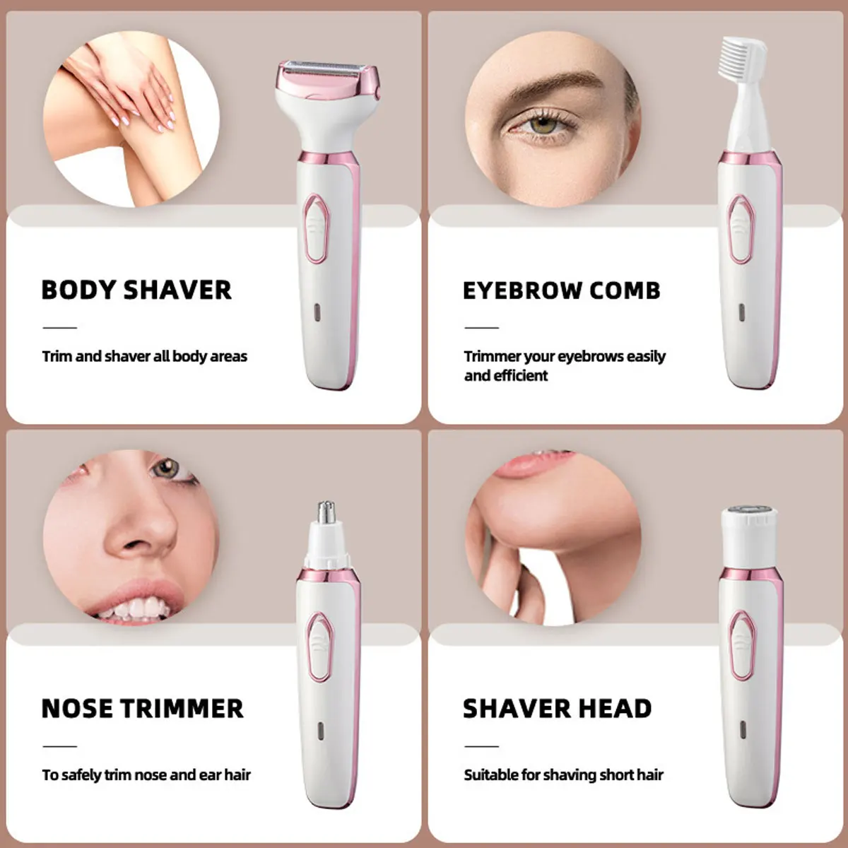4-in-1 Electric Hair Trimmer for WomanPrecision Eyebrow/Nose/Body  Shaver IPX5 Waterproof Grooming Kit USB Rechargeable Epilator