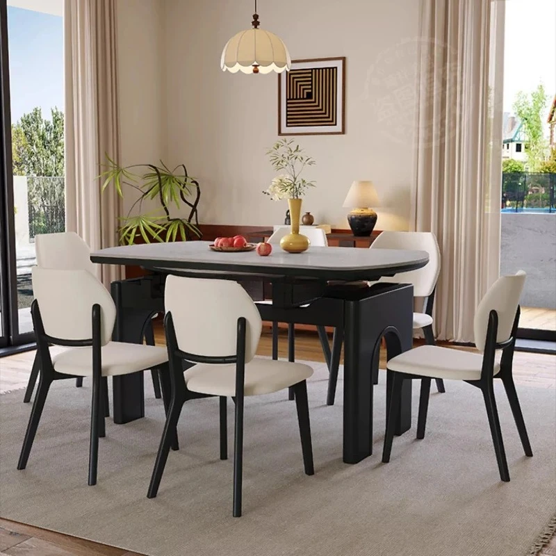 

Solid wood rock slab dining table and chair combination modern simple small apartment, square and round dual-purpose retractable