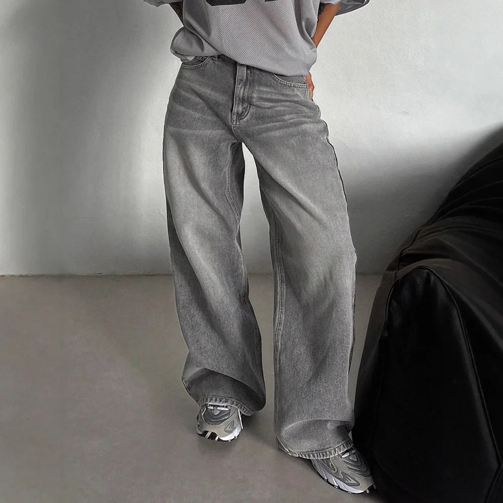 Women's High Waist Gray Baggy Jeans Oversized Wide Leg Washed Denim Pants Loose Straight Trousers For Streetwear & Daily Wear