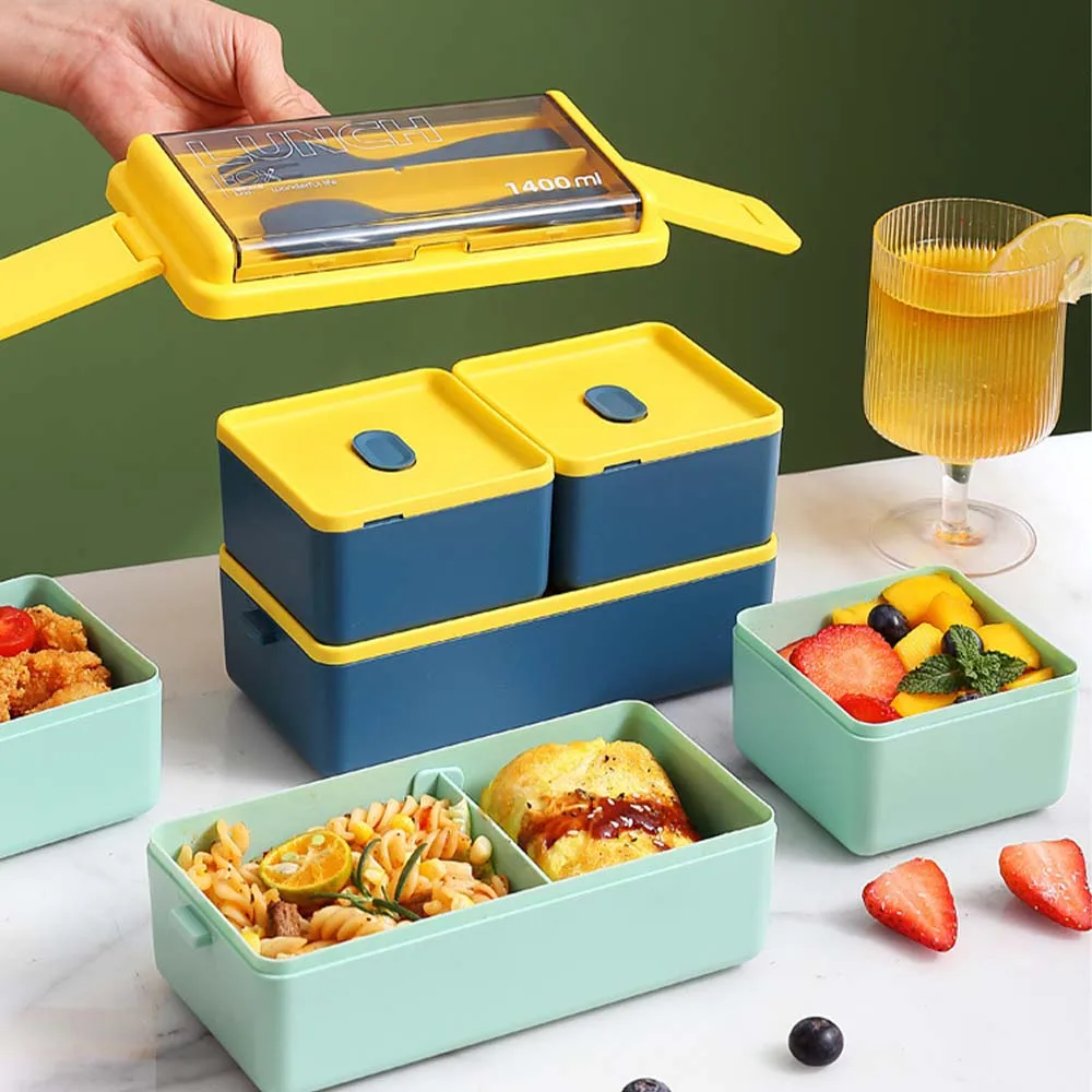 1400ml/47oz double-layer lunch box, matching tableware, microwave heatable lunch box, suitable for students, office, camping