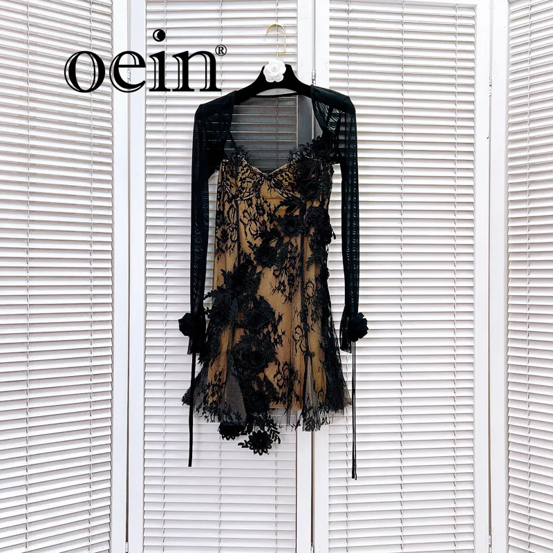 

[oein] Autumn And Winter Three-dimensional Lace Flower Hook Flower Hollow Suspender Dress With Mesh Short Cardigan Two-piece Set