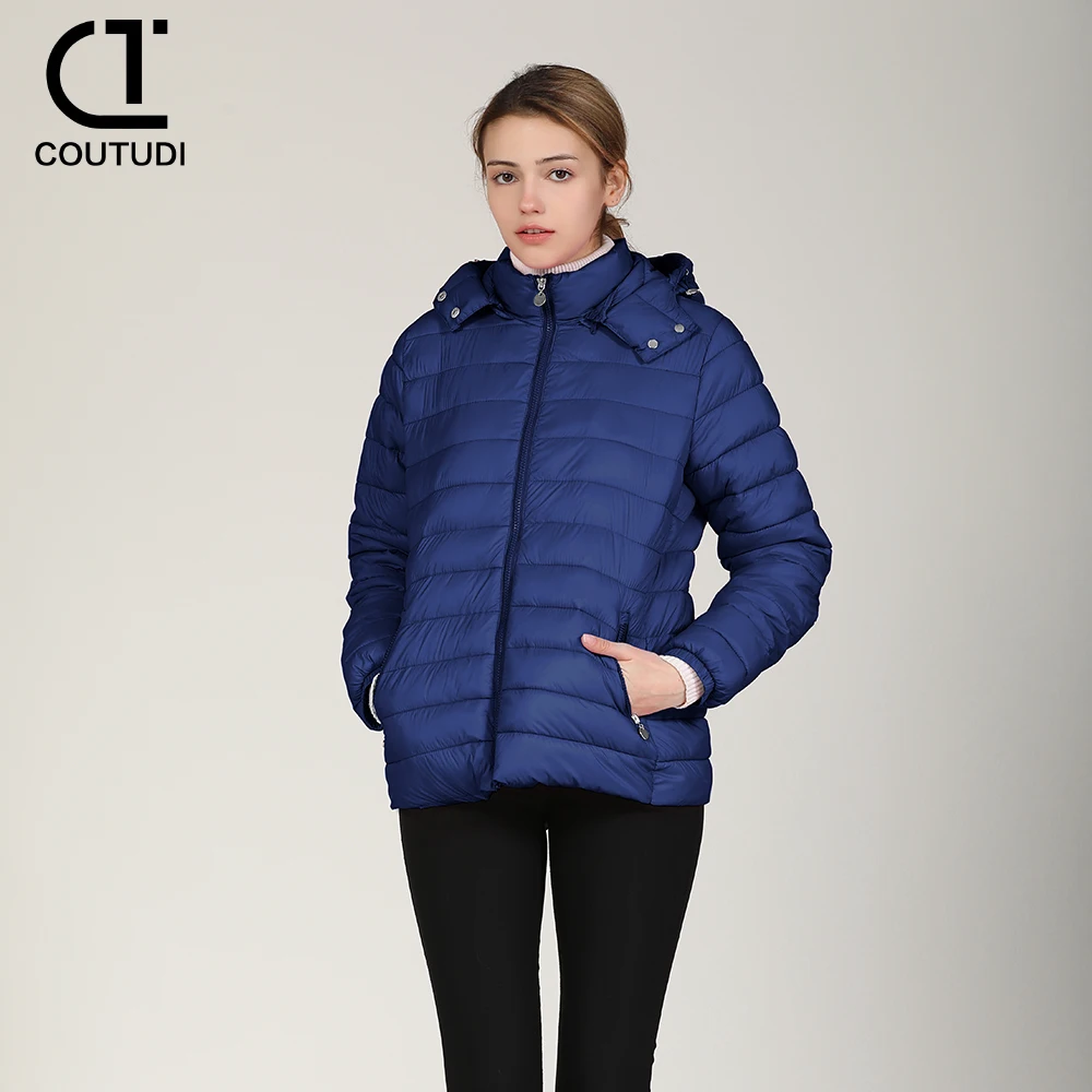 COUTUDI-Hooded Puffer Jacket for Women, Lightweight Warm Down Coat, Full Zip Up, Casual Female Windbreaker, Winter Outwear