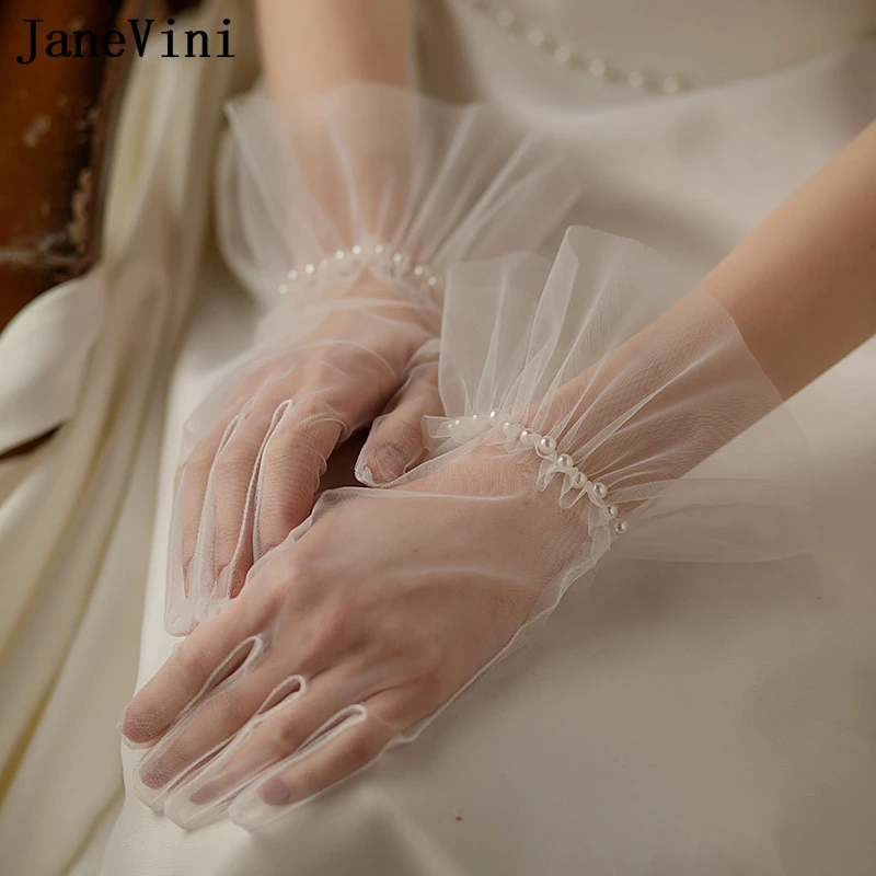 JaneVini Princess Sheer Tulle Women Pearl Gloves Sexy Transparent Short Bridal Gloves Wedding Ladies Performance Party Gloves