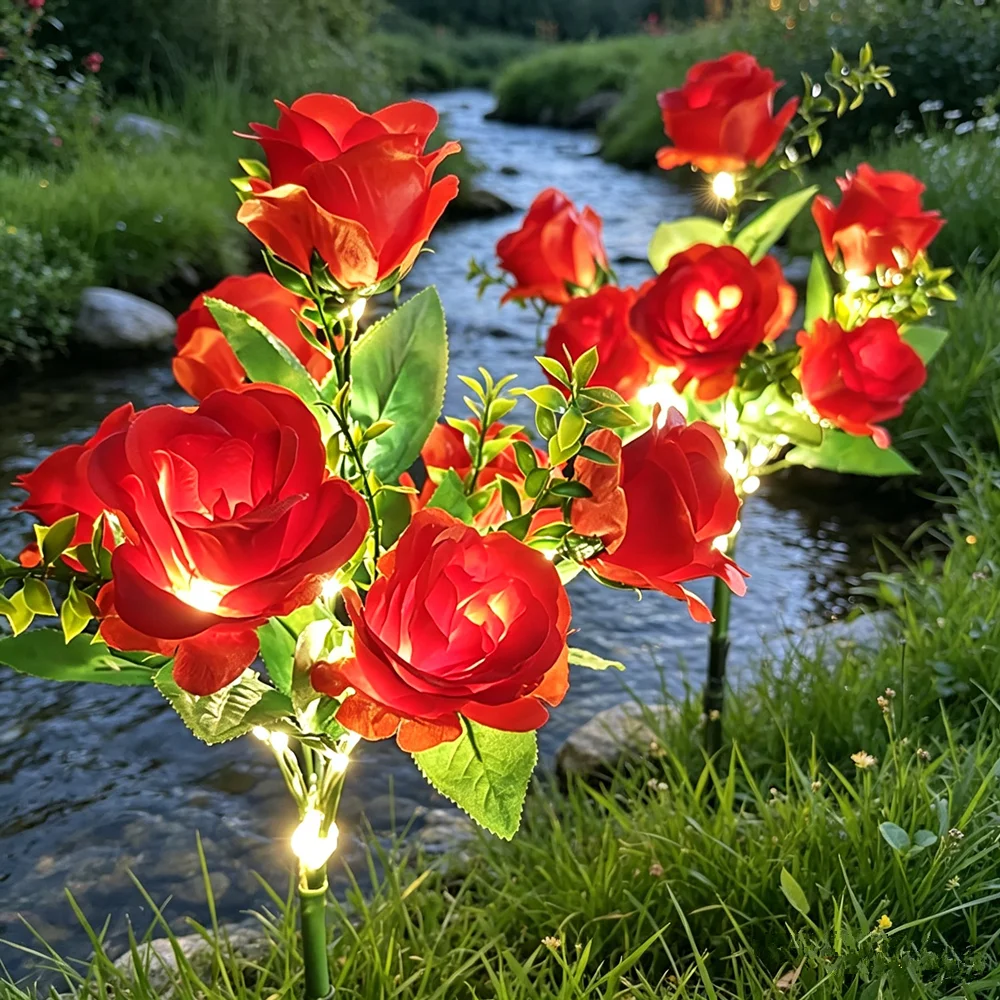 

Yard Outdoor Christmas Decoration Summer Garden Lights Solar 5-heads Rose Flower LED Lawn Lamp for Wedding Party Holiday Light
