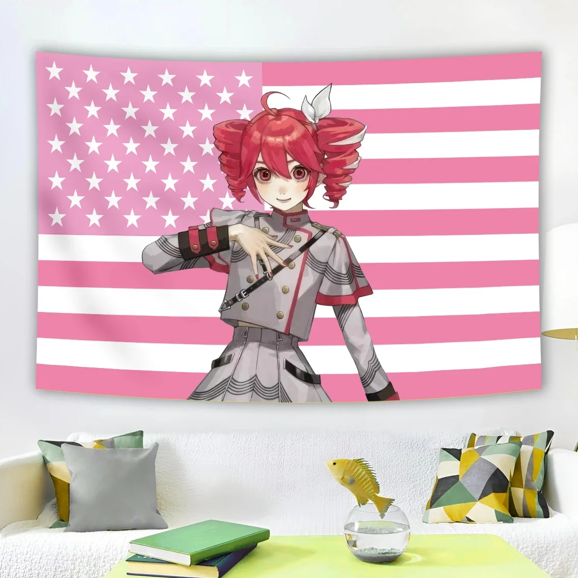 Kasane Teto Wandteppich mit amerikanischer Flagge in Rosa, ästhetische Raumdekoration, süßes Geburtstagsgeschenk
