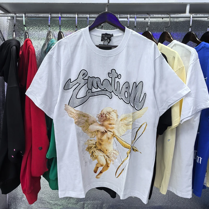 

Классическая белая футболка MIXED EMOTION American High Street Angel Print Hot Diamond с круглым вырезом, хлопковые футболки с короткими рукавами