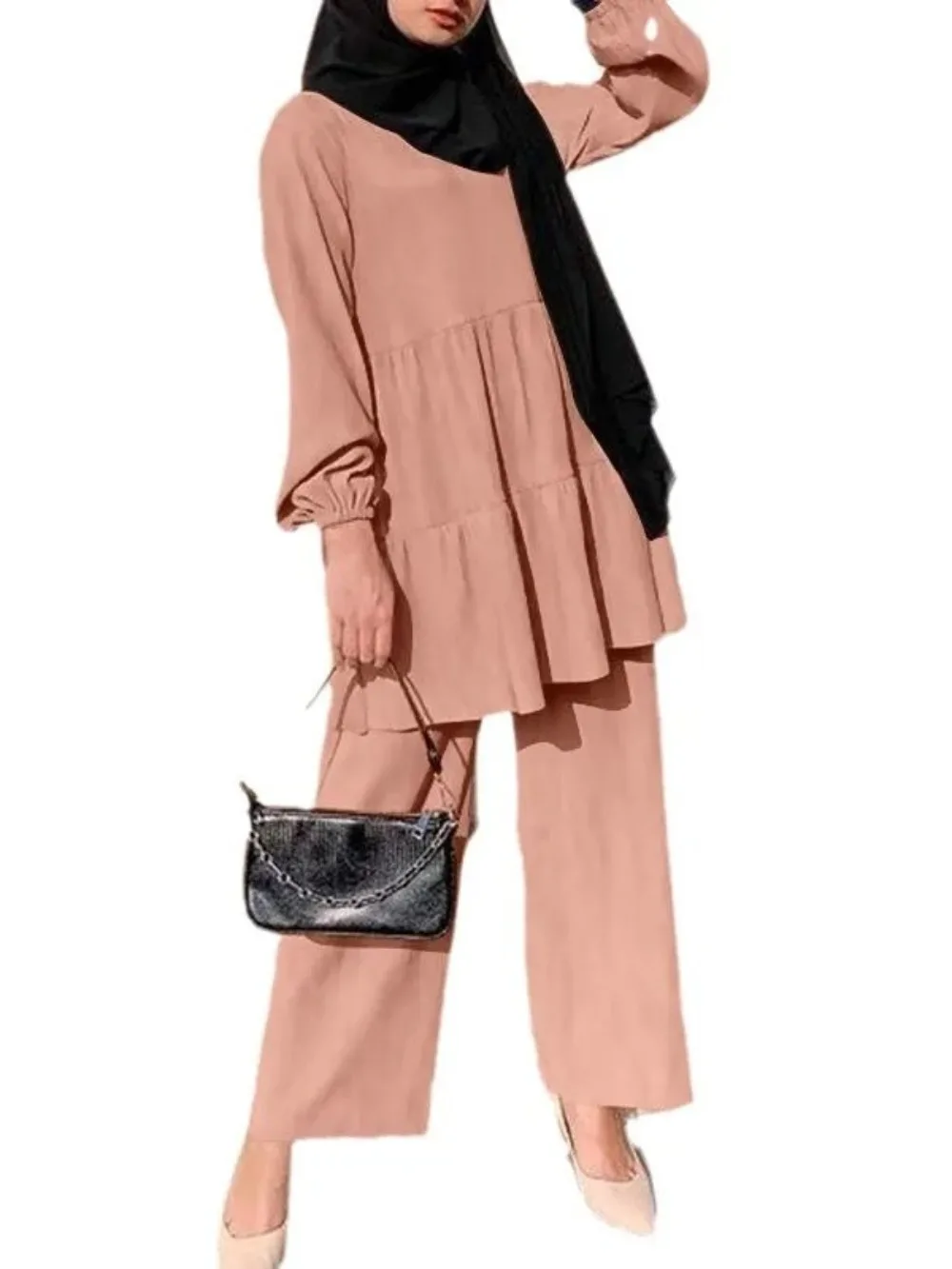 طقم نسائي مسلم مكون من قطعتين بلوزة بنطال ذو قصة أرجل واسعة بدلة رمضان عيد دبي إسلام عربي متواضع ملابس سعودية مجموعات Musulman #4