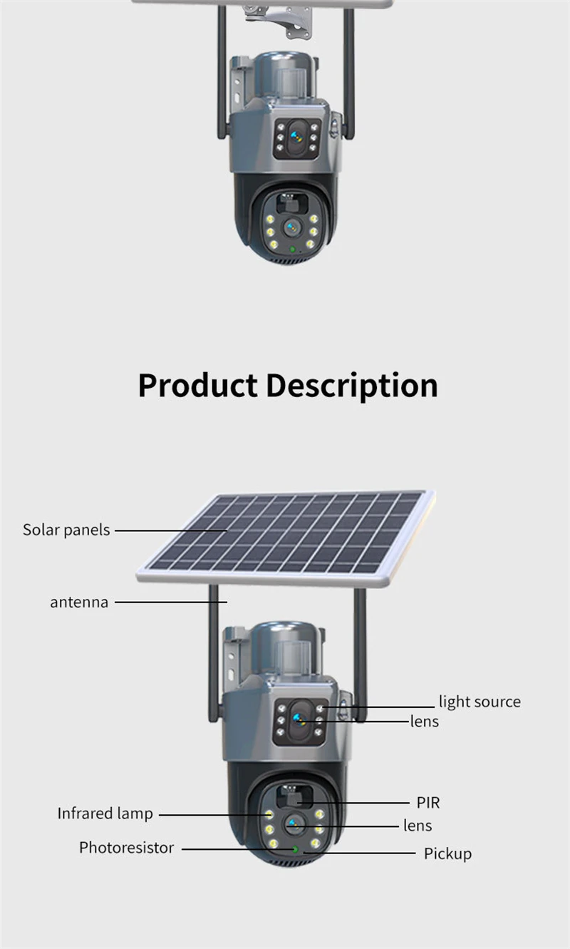 4MP 4G WIFI Solar Kamera Dual Objektiv Dual Screen Outdoor Wireless PTZ IP Kamera Mit Solar Panel Sicherheit Überwachung kamera – Detail 15