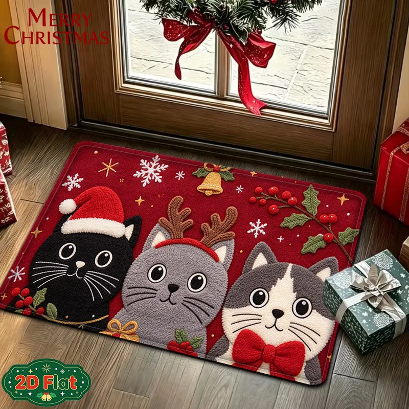 2D Flat Christmas Cats Santa Hat Reindeer Horn Printed Door Mat, Holly Bell Snowflake Holiday Decor, Indoor Outdoor