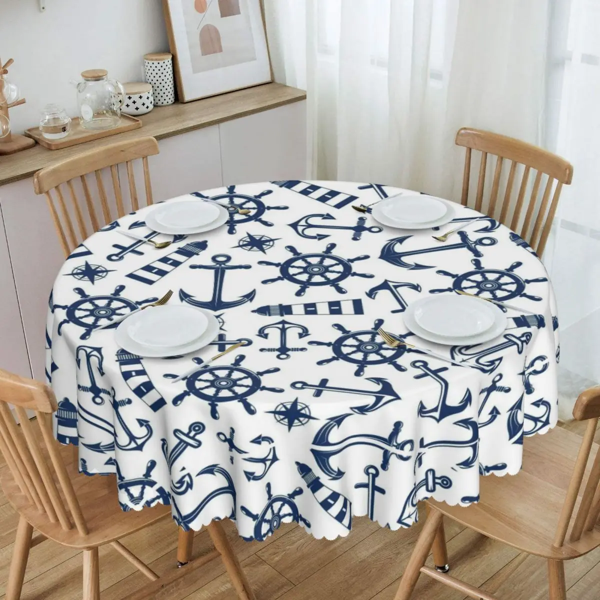 Custom Blue And White Nautical Sailor Anchor Tablecloth Round Waterproof Table Cover Cloth for Banquet 60 inches