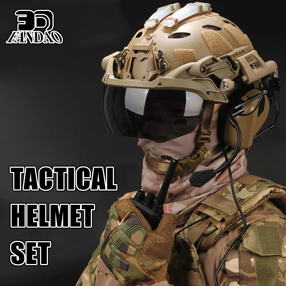 

Tactical Airsoft Helmet with Side Rails Military Headset Visor Camouflage Helmet Cover Signal Light Paintball Balaclava Mask
