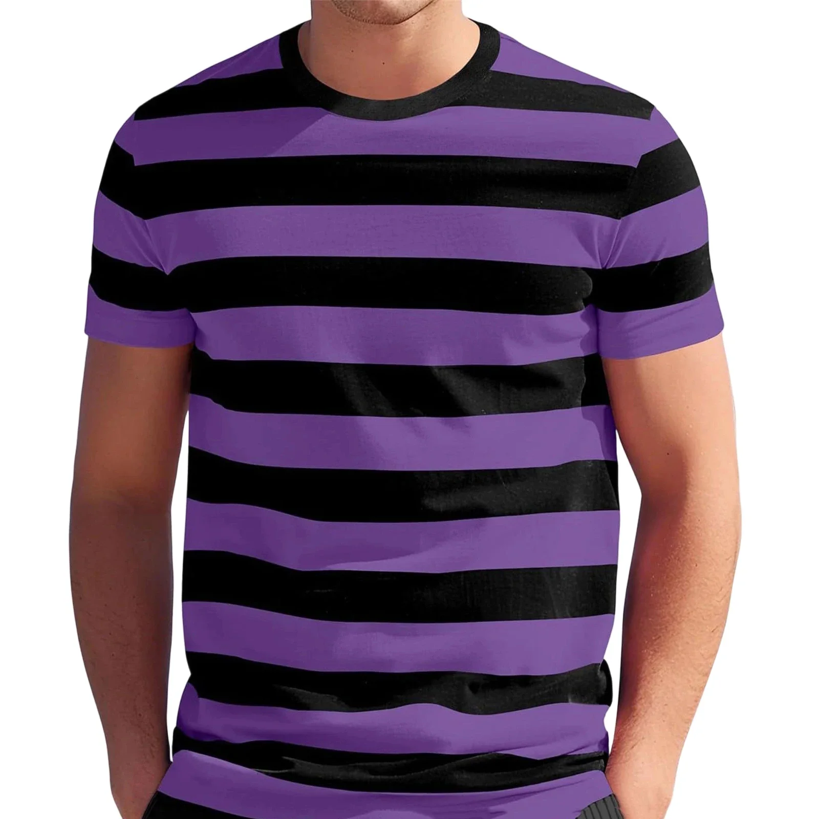 Summer Hot Sale Men's Colorful Striped Printed Short Sleeve Loose Casual Crew Neck T-shirt Breathable Man Streetwear