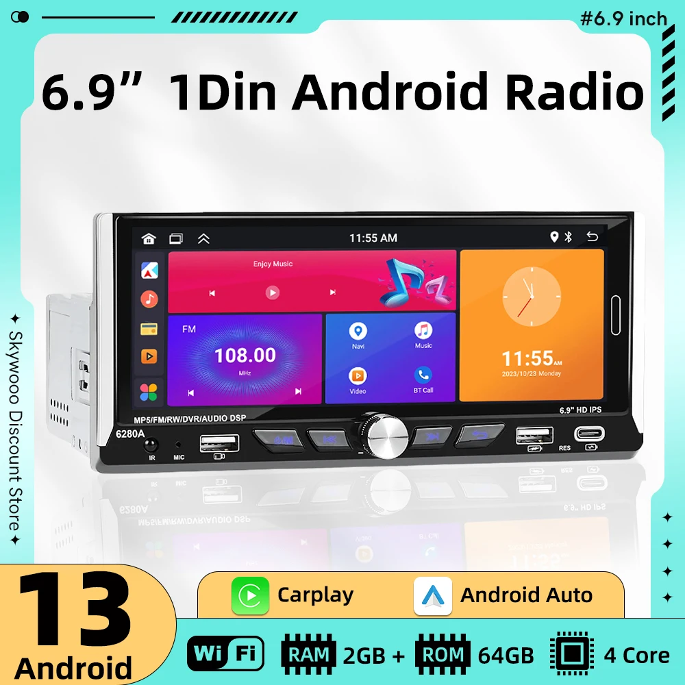 

6.9" Android Car Multimedia Player 1Din Radio Car Stereo Head Unit Wireless Carplay Autoradio GPS Navigation WIFI Android Auto