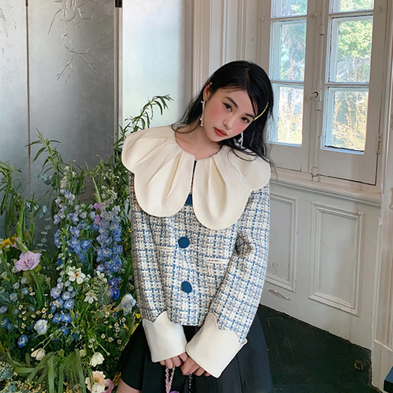 

MEXZT Vintage Tweed Jacket Women Elegant Cropped Patchwork Coat Winter Korean Long Sleeve Short Outerwears Ladies Design Clothes