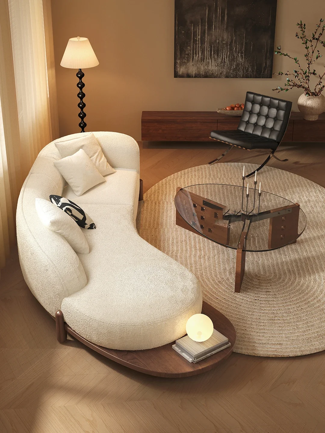 #Wabi Sabi Style Curved Fabric Sofa Japandi Natural Wood Light Luxury Elegant Designer Couch Large Living Room Furniture