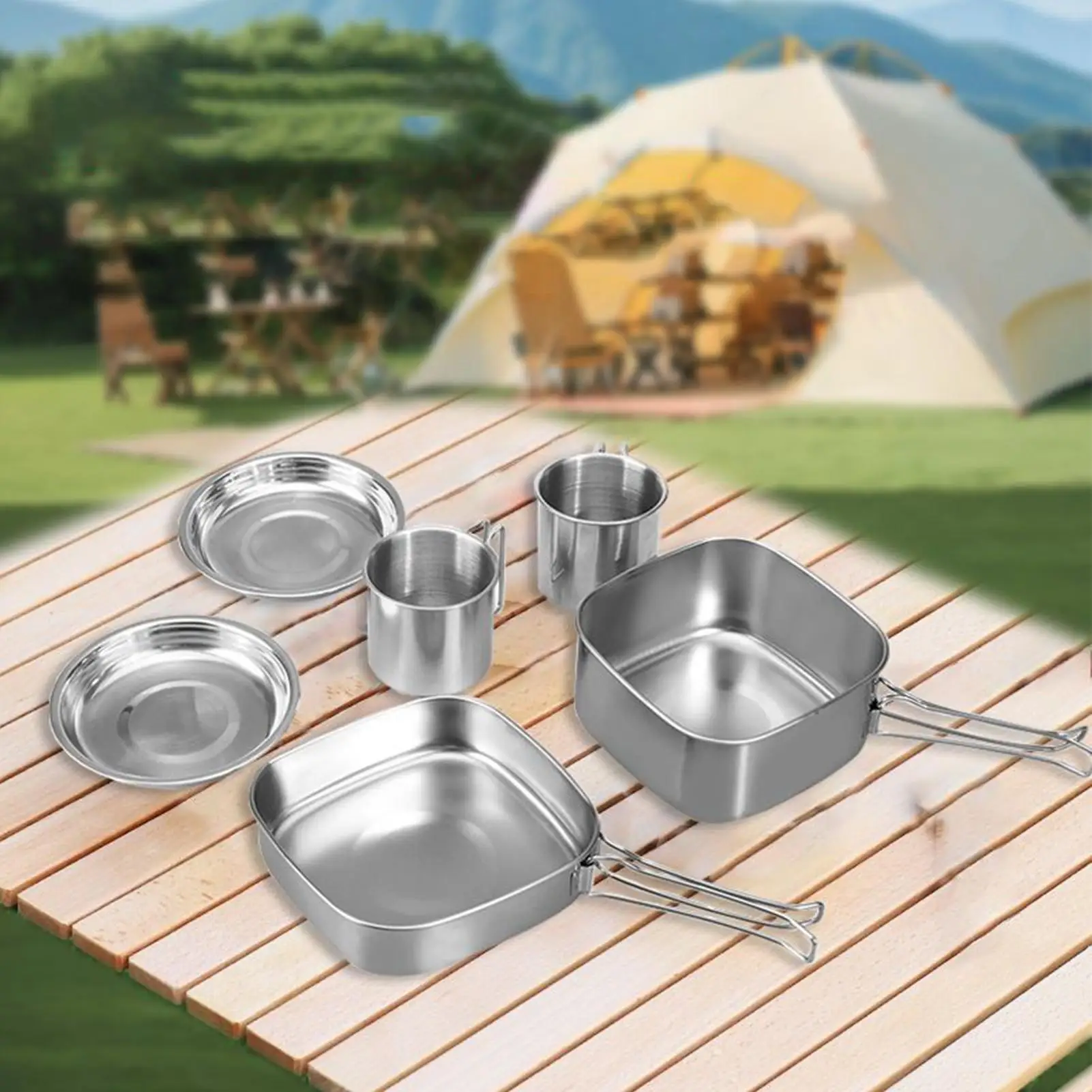

Stainless Steel Camping Cookware Set Camping Pots And Pans Kitchen Set 6 Pieces Stewing Frying Portable Outdoor Kitchenware For