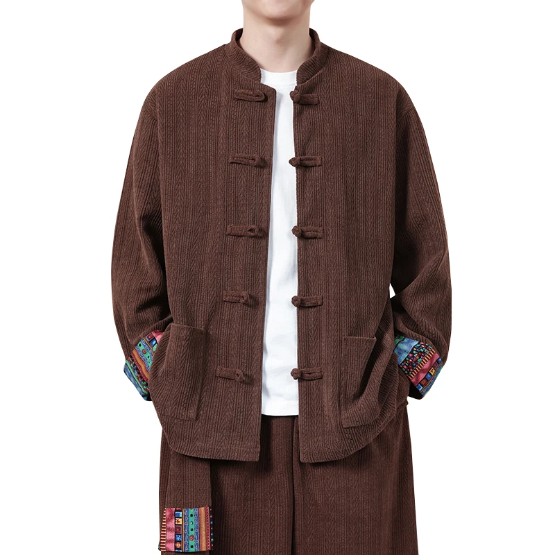 

Large Size Men's Corduroy Jaet National Sle Print Button Stand Collar Traditional Tang Costume Sle Outerwear Autumn You...