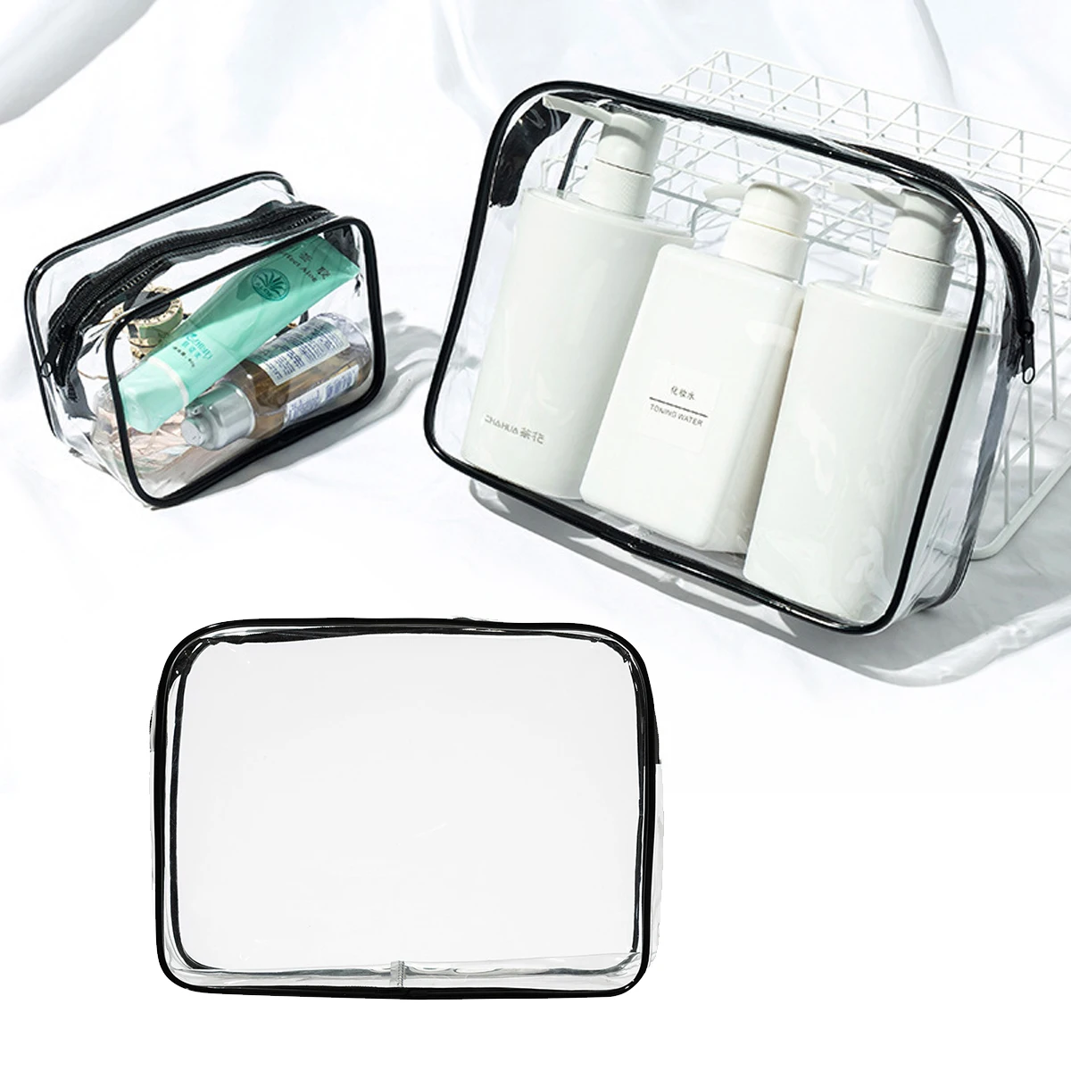 3 Size Set Transparent PVC Toiletry Bags Waterproof Bathroom Storage Bag Makeup Pouch Cosmetics Organizer Pouch Tote Bags Travel