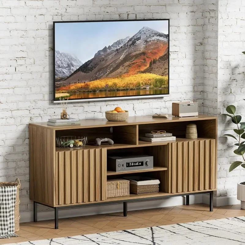 ZHENXIANG-Meuble TV moderne du milieu du siècle, meuble TV en bois naturel, support TV pour chambre à coucher, salon, jusqu'à 50 ", 55", 60/65"