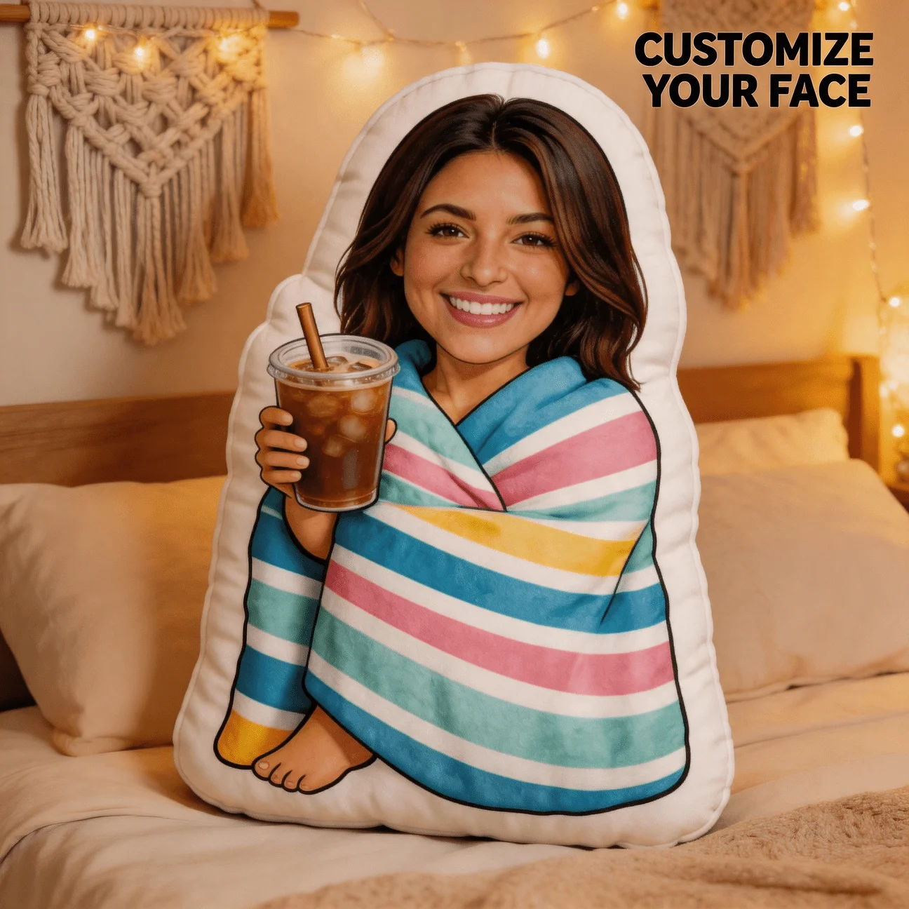 Custom Personalized Photo Face Pillow, Smiling Woman In Striped Beach Towel Holding Iced Coffee Custom Shaped Decorative Cushion