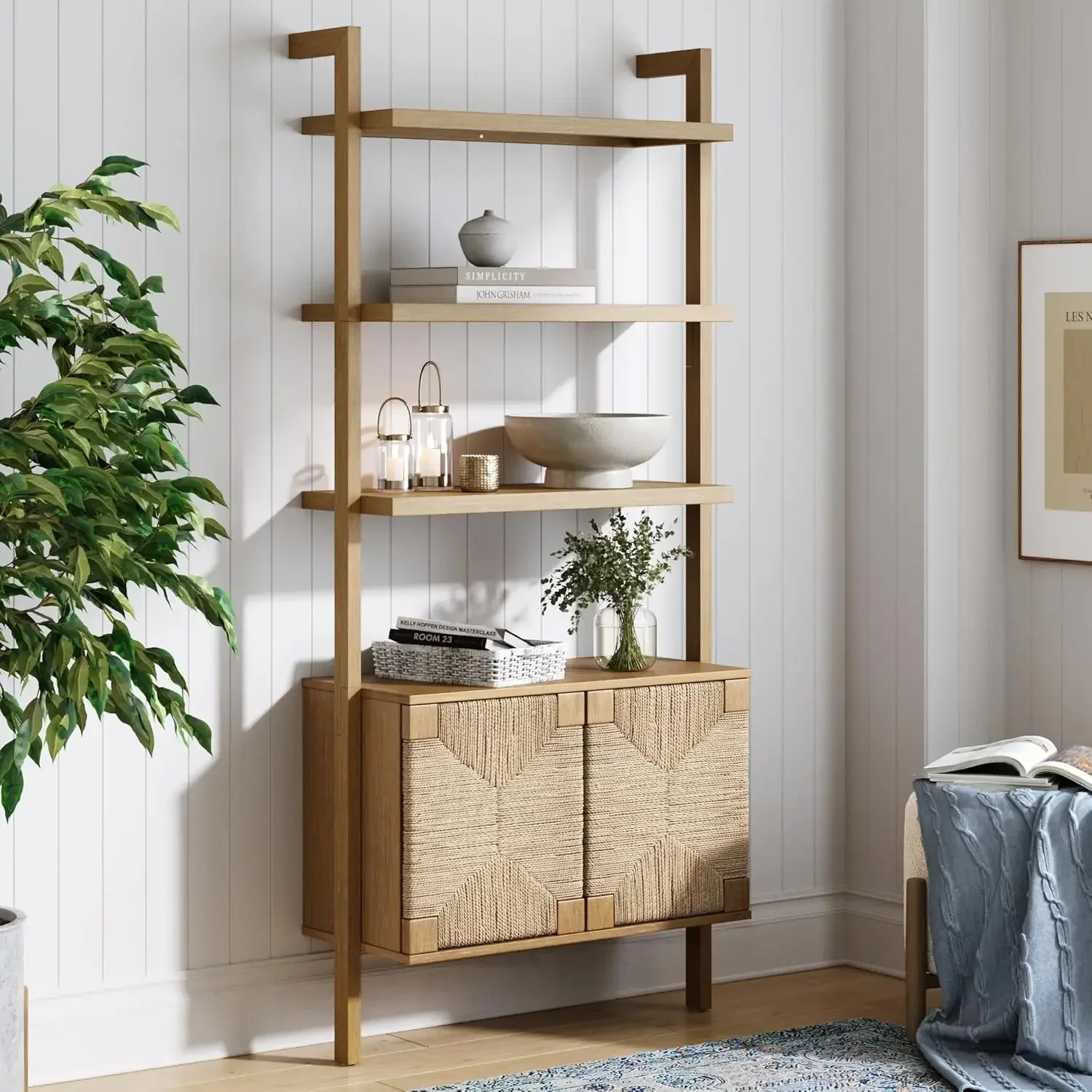 3-Shelf Solid Wood Bookshelf w/ Storage Cabinet, Bohemian Wall Mounted Shelf with Seagrass Door Fronts