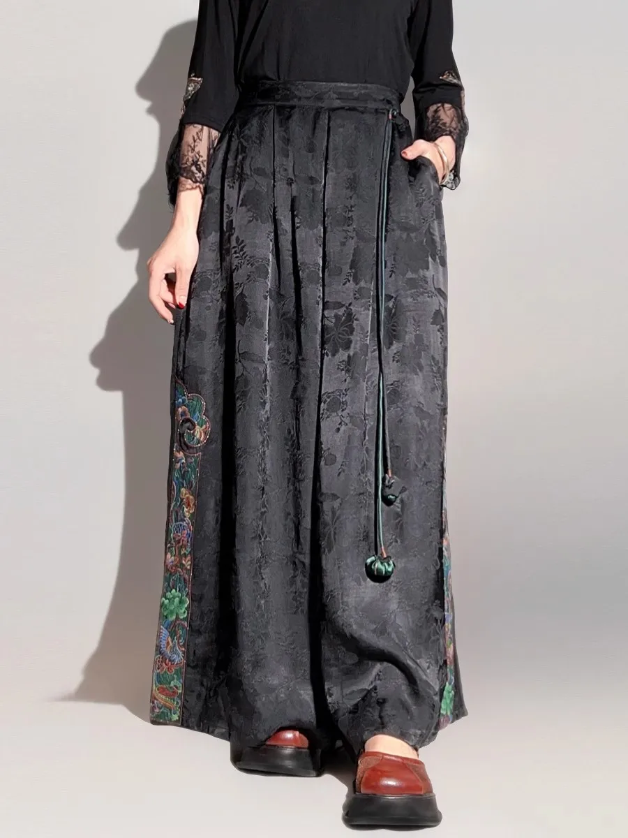 

Luxury Silk linen Women's pants black jacquard Spring pantskirt Vintage Embroidered wide leg pants Woman clothing high quality