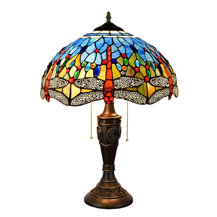 16 Inch European Blue Dragonfly Hotel Bar Table Lamp Tiffany Stained Glass Bar Dining Room Bedroom Bedside Desk Lamp