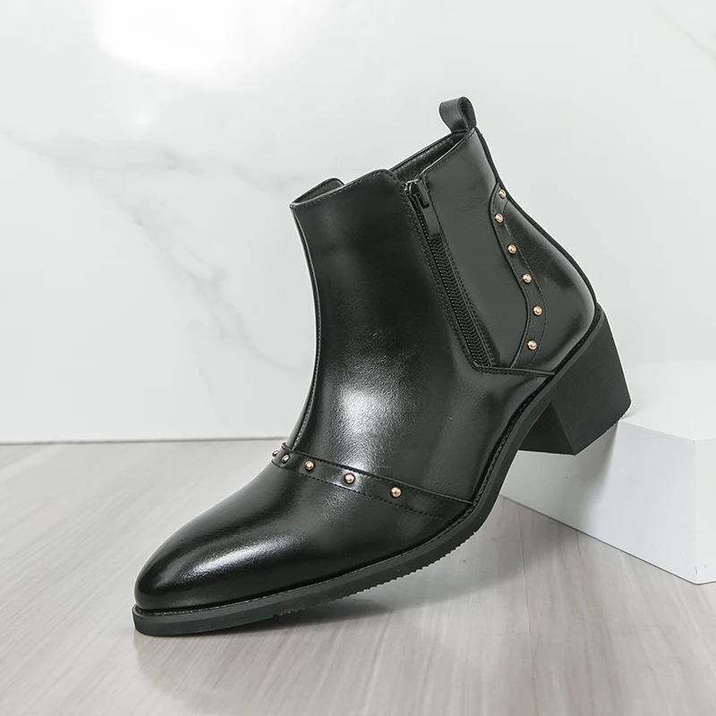 

Pointed Rivet Decoration Men High Top Boots Fashionable Comfortable Double Sided Zipper Men Boots