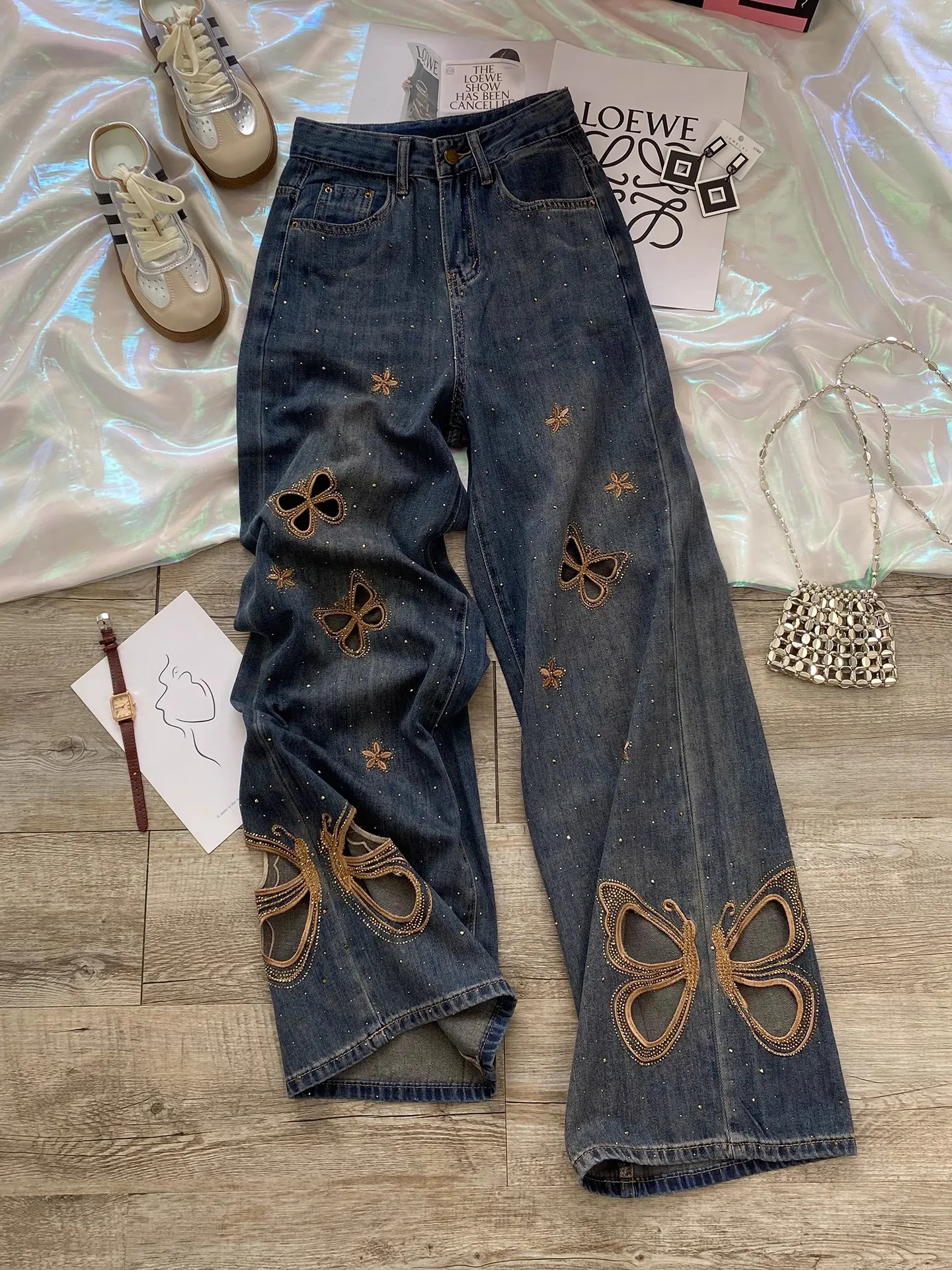 

High Waist Straight Leg Hollow out Wide Leg Jeans Women's Summer Thin Rhinestone Denim Pants Slimming Trousers