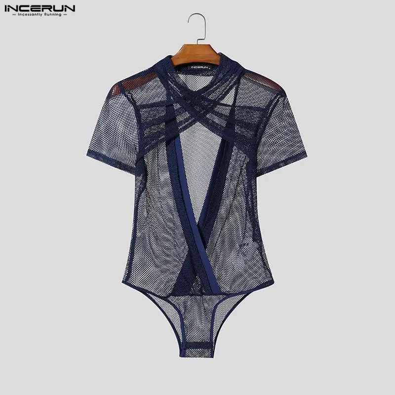 INCERUN Herren-Bodysuits, einfarbig, kurzärmelig, Netzstoff, durchsichtiger Einteiler für Herren, Playsuits, durchsichtig, sexy, 2026, modischer Bodysuit