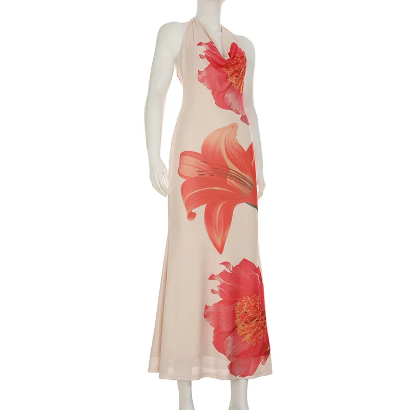 SsTss Summer Fashion Sheer Mesh Floral Print Long Dress Women Sexy Halter Swinging Collar Sleeveless Backless Holiday Maxi Dress