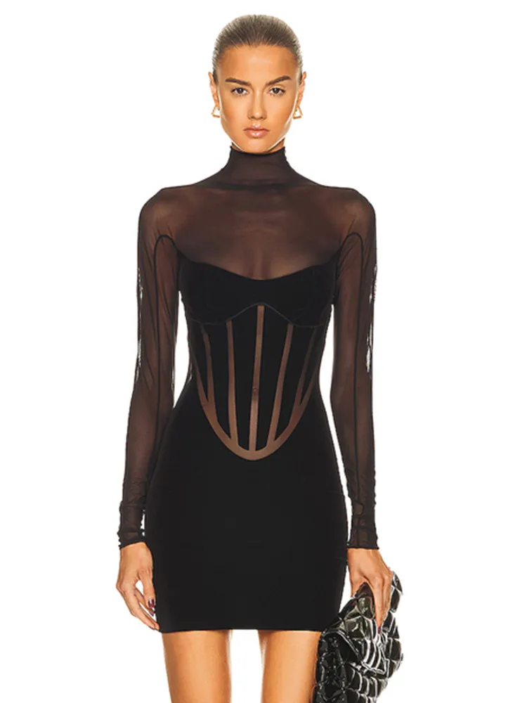 Summer Fashion Women Sexy Turtleneck Long Sleeve Mesh Black Mini Bodycon Bandage Dress 2024 Elegant Evening Club Party Dress