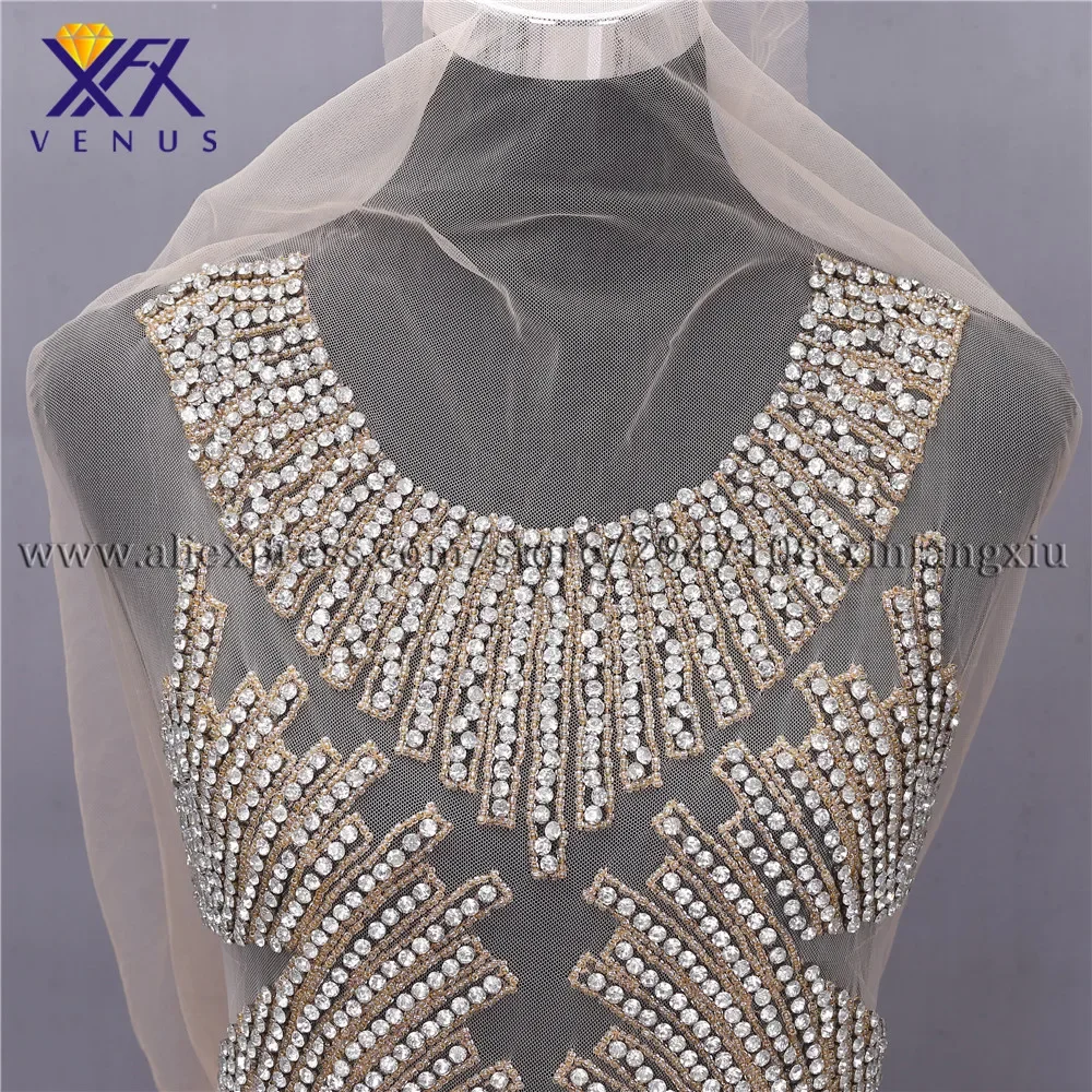 XFX VENUS Pretty Handmade Long Patches Rhinestone Applique Crystal Beaded Applique O Neck for Lady Wedding Dress Accessories DIY