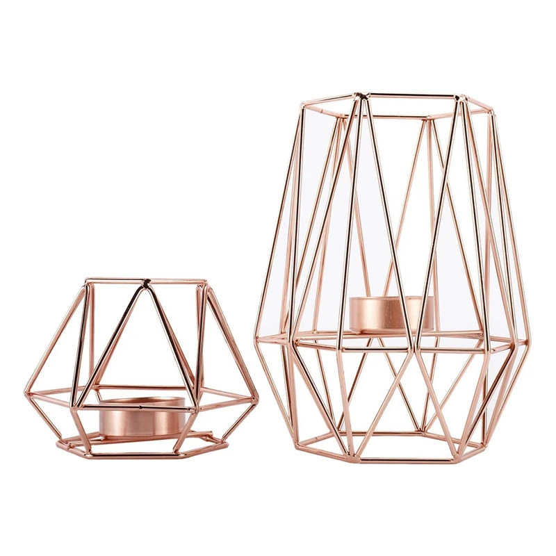 2 Pcs Hexagon Geometric Tea Light Candle Holders,Iron Hollow Candle Holders,For Wedding Home Decoration(S+L)