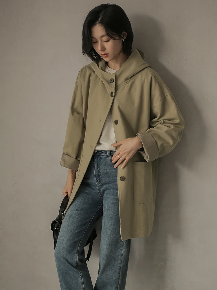 

Spring 2026 Women's Loose Hooded Windbreaker Coat Vintage Mermaid Cotton Long Sve Warm Commute Sle Mid-Length Single Button