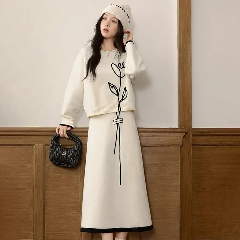 

Autumn Winter New Chic Casual Knitt Two-Piece Women's Fashion Loose Crewneck Pullover Sweater High Waist Sweater Skirt Suit