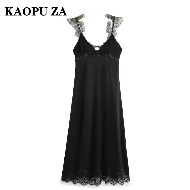 KAOPU ZA 2024 Summer Woman\'s Casual Solid Color Sleeveless Dress Maxi Skirt Women Clothing Elegant Sling V-Collar Slip dress Top