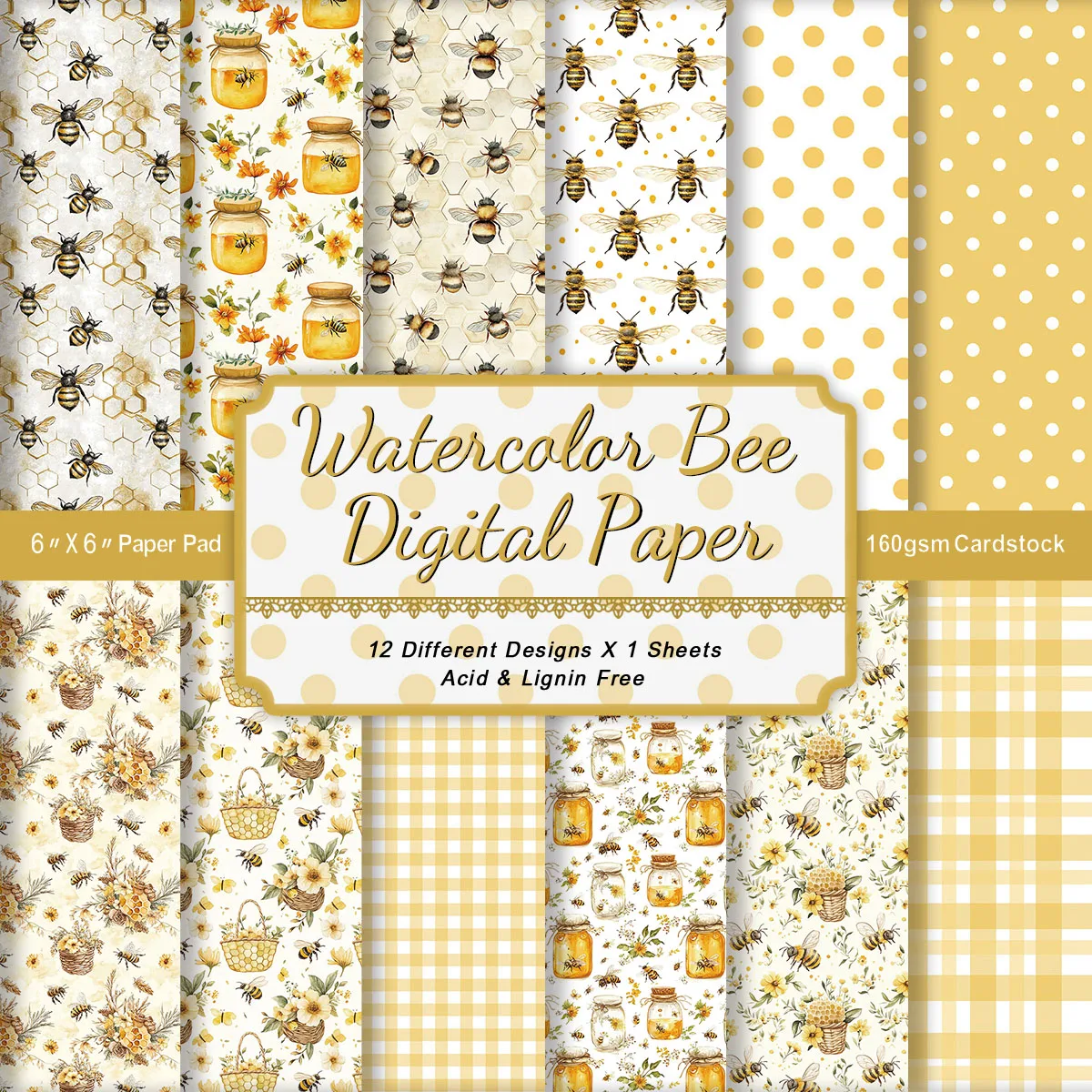 12 piezas de papel decorativo con temática de abejas amarillas, para hacer tarjetas e invitaciones, álbumes de recortes, decoración de fiestas de abejas, papel artístico para collage