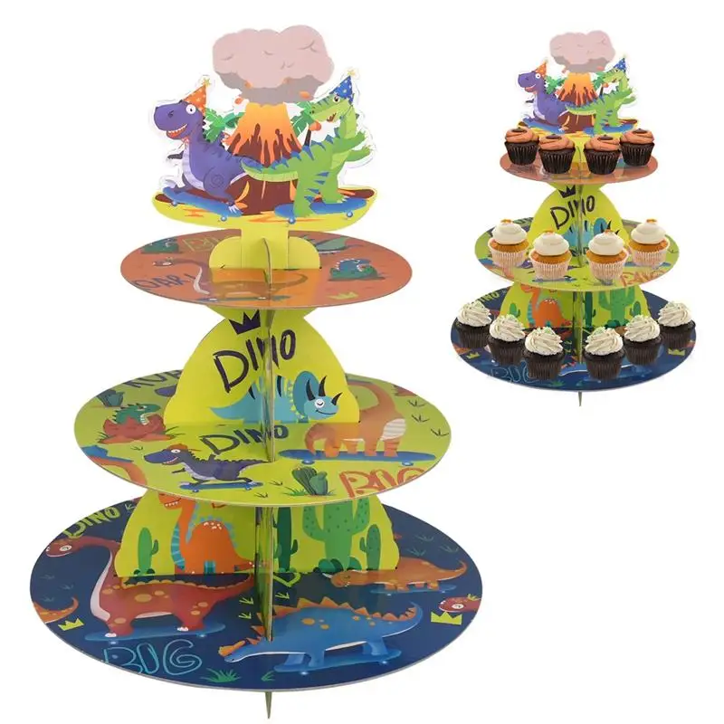 3-Tier Dinosaur Cupcake Stand Dinosaur Themed Birthday Party Decoration Sturdy Cardboard Cake Holder Round Dessert Display Tower